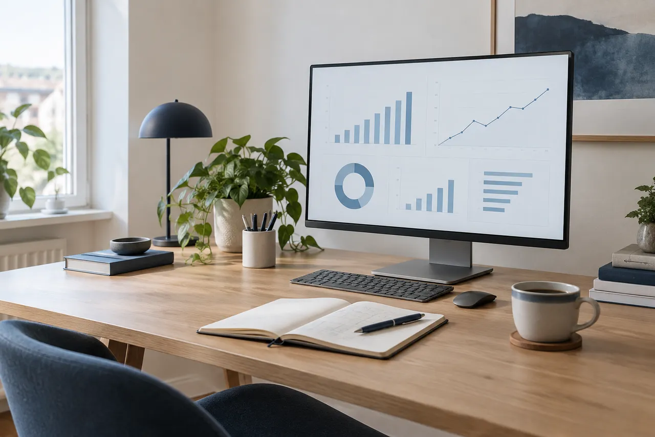 Arbejdsbord med skærm, der viser dashboards og diagrammer