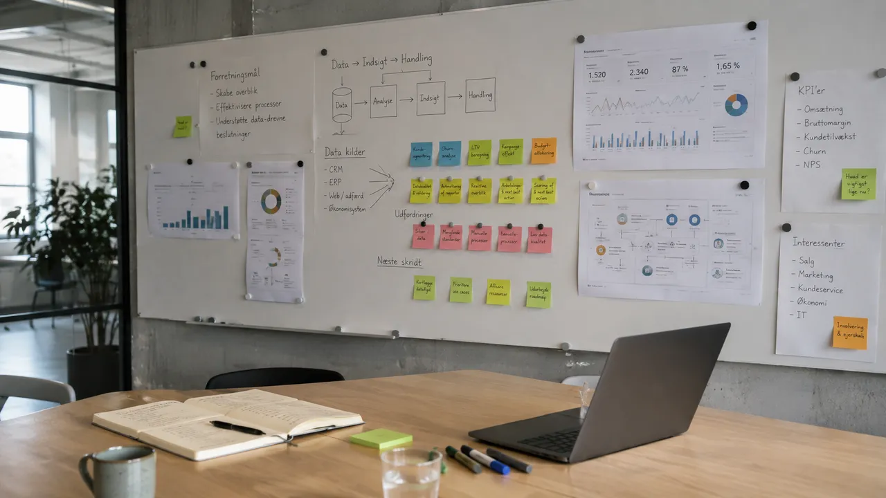 Whiteboard med data, indsigt, handling og KPI'er