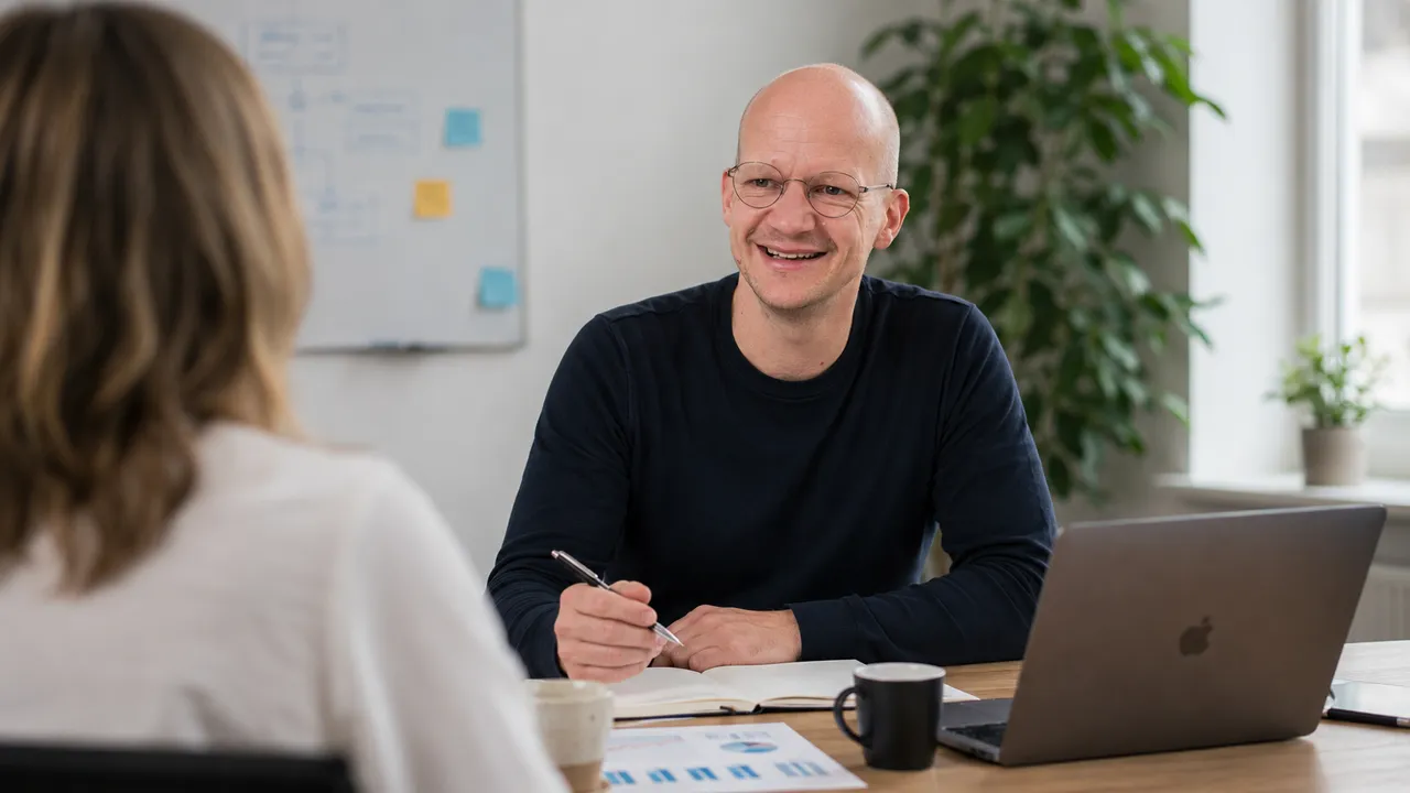 Jonas i sparring med en kunde ved et bord