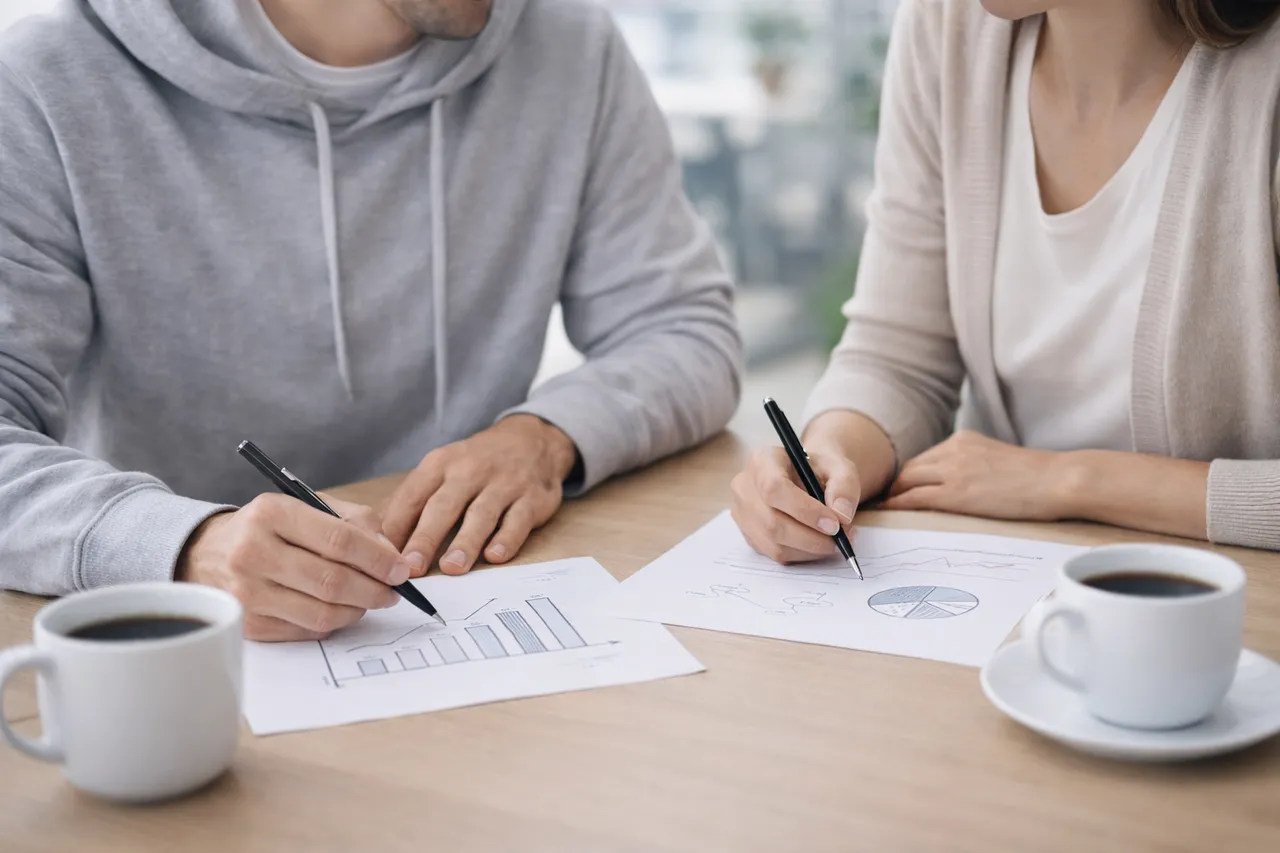 To personer arbejder sammen om forretningstal, diagrammer og analyser
