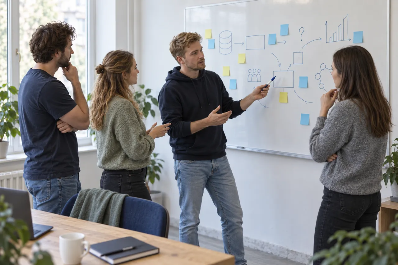 Kollegaer omkring et whiteboard med diagrammer, post-its og dataskitser