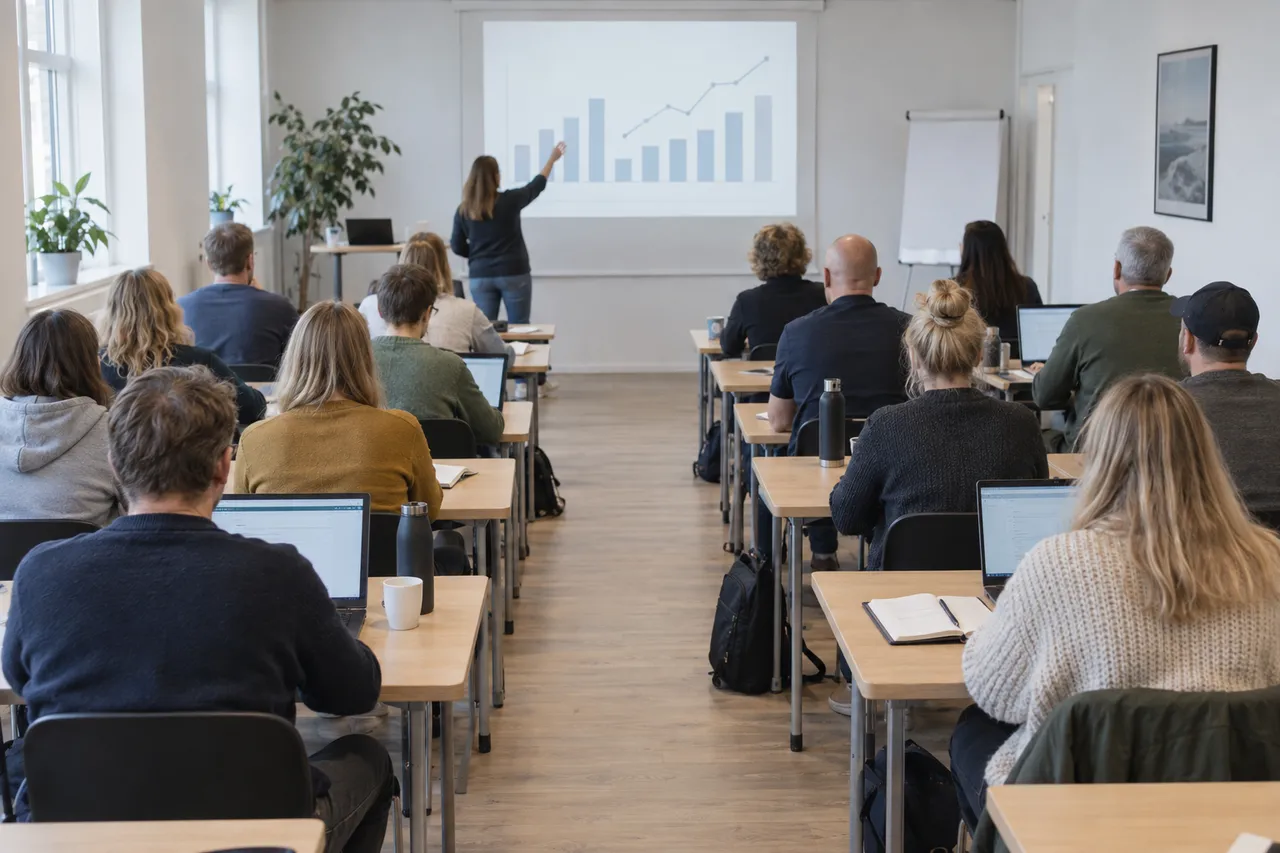Undervisning om data med diagrammer på storskærm og deltagere ved borde